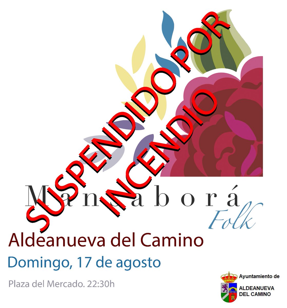 Lamentamos anunciar la suspensión del concierto de esta noche por el avance del incendio de Jarilla. Desde aquí queremos mandar un fuerte abrazo a todos los afectados por todos los incendios que están arrasando nuestra tierra.