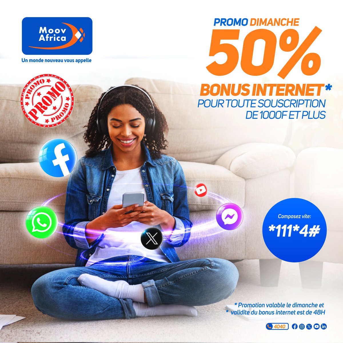 Le dimanche commence plus que bien avec un très bon plan 😍😍😍

Aujourd'hui c'est 50 % de BONUS🥳, Ah OUI avec la promo Dimanche, profitez de 50% de bonus Internet pour toute souscription de 1000F et Plus 🤩

C'est le moment de #PROFITER😎 composez simplement *111*4# et surfez