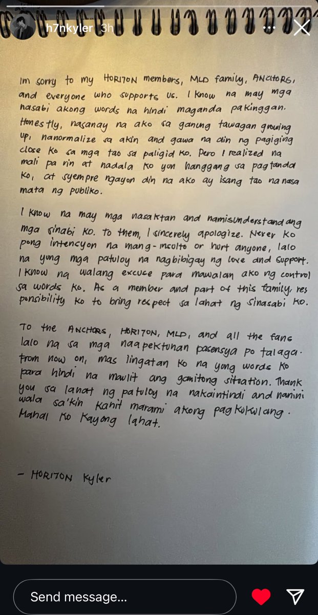 IlaganCessy's tweet photo. I just want to say that it takes lots of courage and humility to own up to one’s mistakes. I am not a perfect person myself, and sometimes i find it hard to admit that i am in the wrong. So first, i want to say, Kyler, thank you for this. This mean so much to me, and to everyone who got hurt by the situation.

We can’t change the past anymore. Things were done and said already, and sadly, people who has a different kind of hate towards you, will still use it against you to drag you down. But Kyler, you are in full control of your present and what matters is for you to make things right, which i know that you are already working on, then good things will follow in the future. Surround yourself with people who will help you to be the better version of yourself. I will be here cheering you on. Laban lang, ky. Kaya mo yan.🤍

#HORI7ON #호라이즌 
@HORI7ONofficial