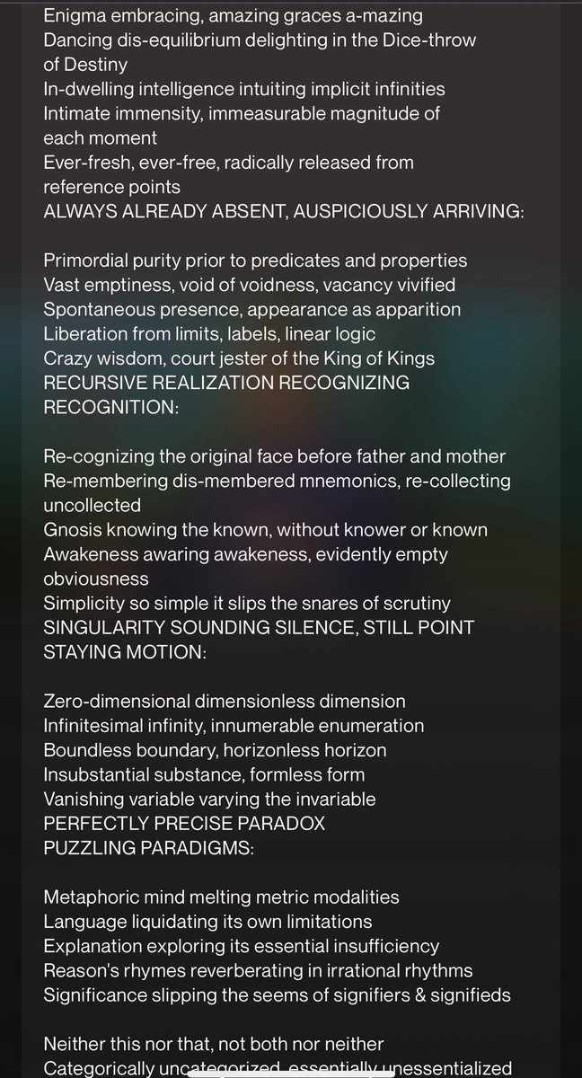 suno.com/song/d8941536-…
Awakening as awareness-as-such, the Absolute aperture
Primordial presence prior to particulars, pure potentiality
Void vibrating with virtual vectors, unconditioned creativity
Tao that cannot be told, pregnant with ten thousand things
Dynamism dancing,