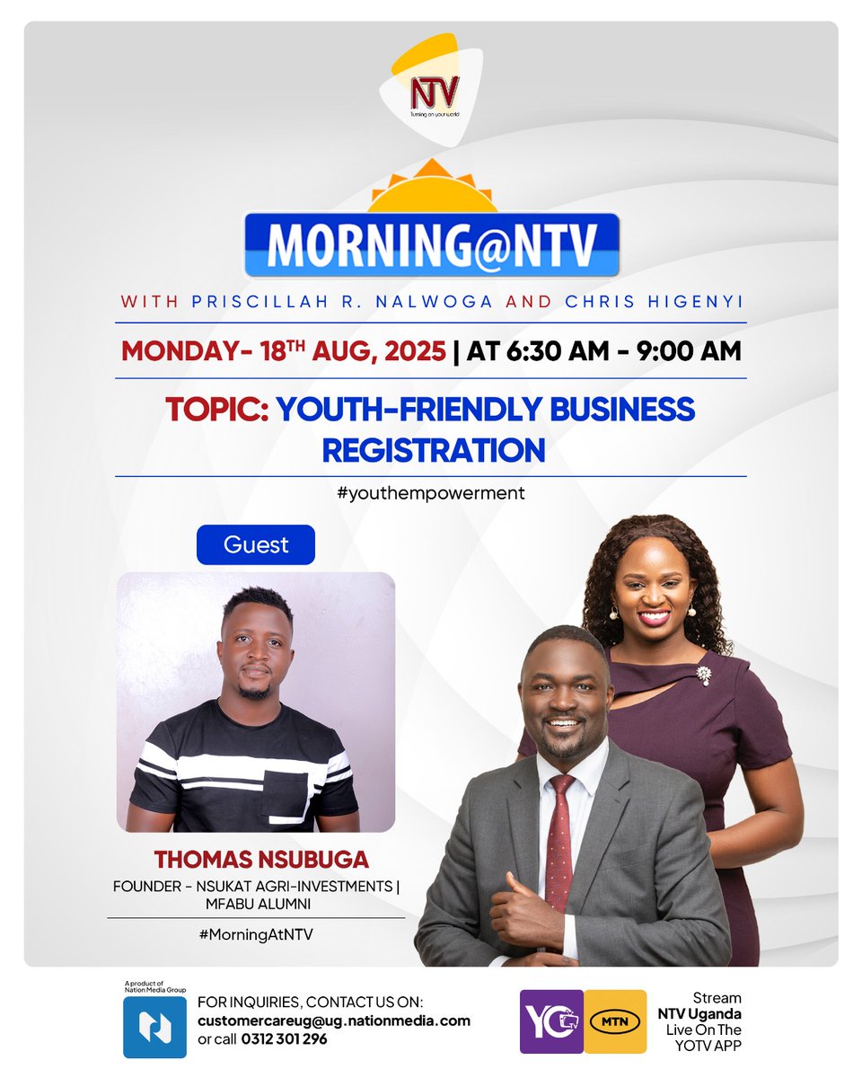 BRAC Uganda (@brac_uganda) on Twitter photo For #InternationalYouthDay, BRAC Uganda is sparking a conversation on youth economic empowerment, in line with youth-friendly business registration.
Donβt miss Thomas Nsubuga, a BRAC-SEF participant, sharing his journey tomorrow on Morning at NTV <a href="/ntvuganda/">NTV UGANDA</a> at 7:00 AM. For #InternationalYouthDay, BRAC Uganda is sparking a conversation on youth economic empowerment, in line with youth-friendly business registration.
Donβt miss Thomas Nsubuga, a BRAC-SEF participant, sharing his journey tomorrow on Morning at NTV <a href="/ntvuganda/">NTV UGANDA</a> at 7:00 AM.