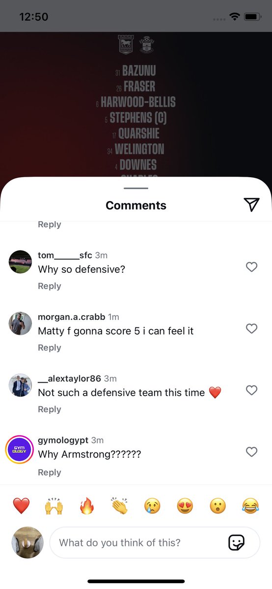 People not having a clue about the lineup sandwiched between Fernandes love with Arma catching strays below. Lovely. #saintsfc