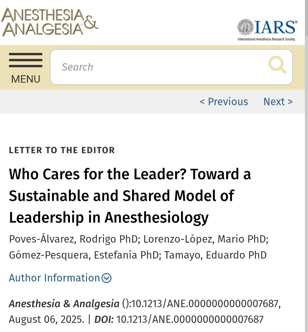 rodrigopoves's tweet photo. 🆕 Publicado ahead of print en Anesthesia &amp; Analgesia 📄
💬 “Who Cares for the Leader? Toward a Sustainable and Shared Model of Leadership in Anesthesiology”
Reflexionamos sobre la necesidad de cuidar y compartir el liderazgo.
👉 @AnestesiaHCUV
https://t.co/D3RAfgXjhV https://t.co/XUgkriZoo0