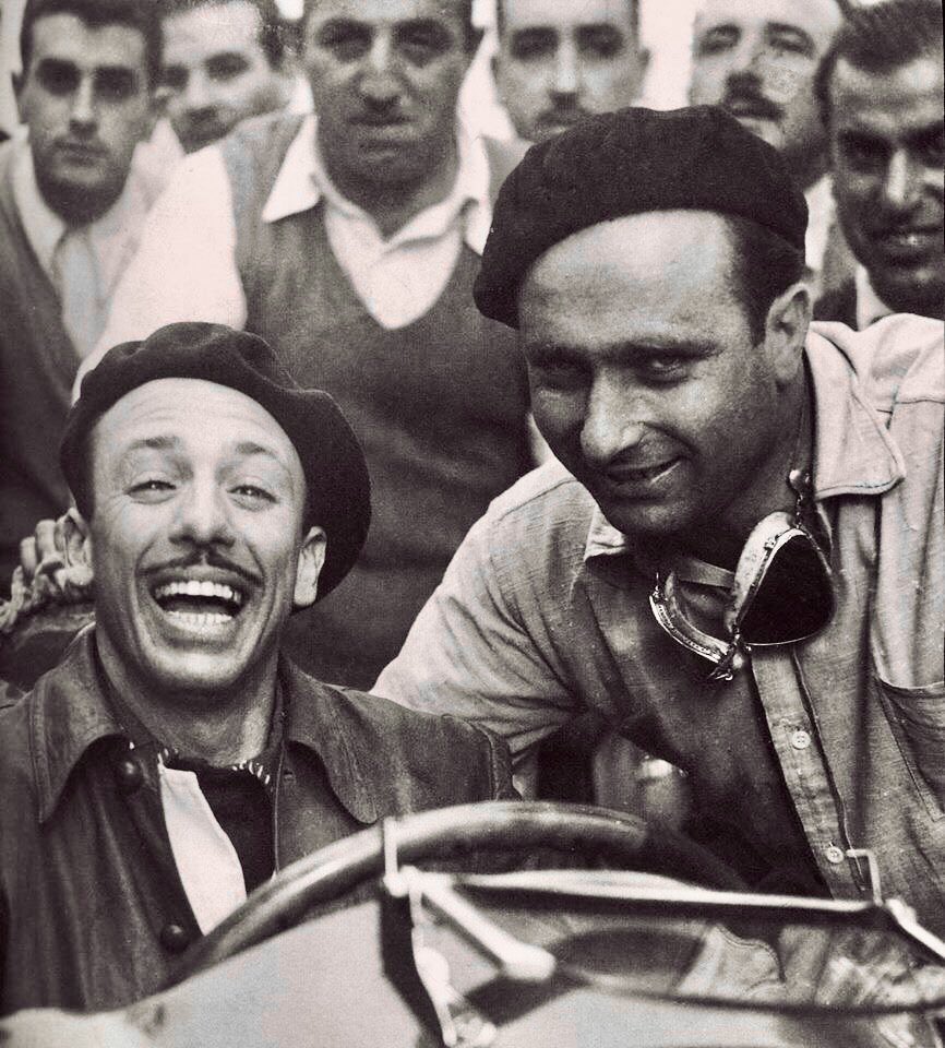 Remembering Oscar Gálvez, born #OnThisDay in 1913. He started one GP, the ’53 Argentine, finishing 5th in a Maserati on a circuit later renamed after him &amp; his racer brother, becoming the Autódromo de Buenos Aires Juan y Oscar Gálvez. Pic: enjoying a joke with Juan Manuel Fangio.