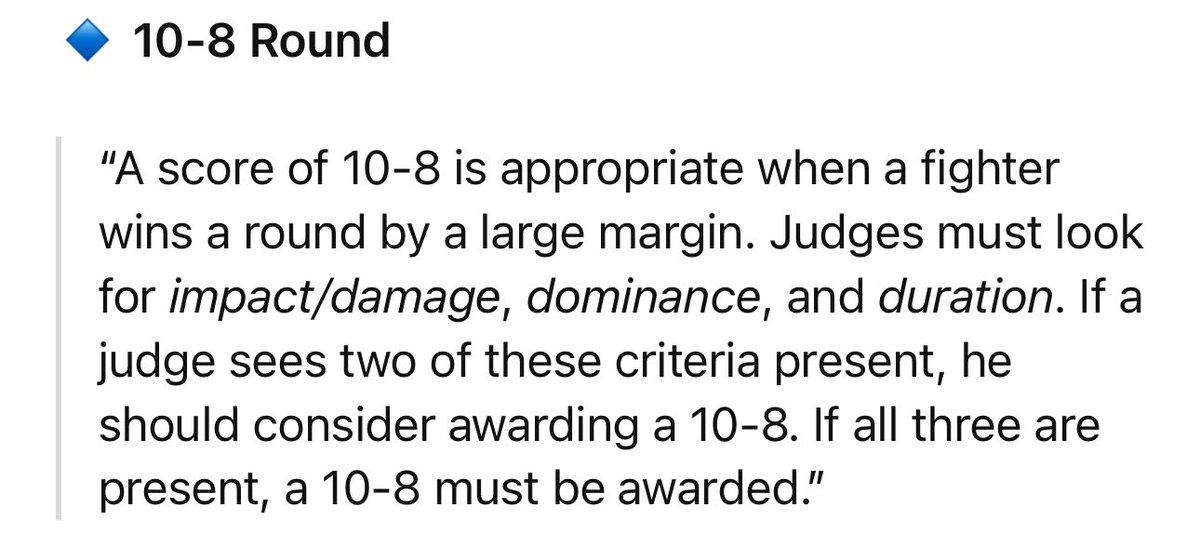 Le vrai souci du scoring actuel en MMA : trop vague.
Avec 2 critères sur 3 (Domination, Dégâts, Durée), le 10-8 est seulement recommandé.
Ça devrait être obligatoire. Cette marge d’interprétation peut changer l’issue d’un combat
Sur DDP Khamzat ils ont scoré 10-8 sur just 1 round