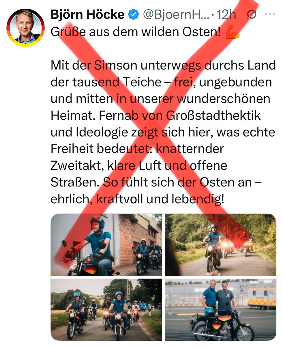 OckhamsC's tweet photo. Wie früher! Wessi #BerndHöcke freut sich: „Endlich organisiert wieder (m)eine Partei die Freiheit im #Osten!“ Welche „Tradition“ #Landolf hier feiert & warum er dabei der „neue Honecker“ ist, erklärt uns #Grok. Ein 🧵
#Simson #SED #FDJ #GST #Dynamo #ADMV
https://t.co/A16t5CLEqJ https://t.co/Pu6c8Oi3CH