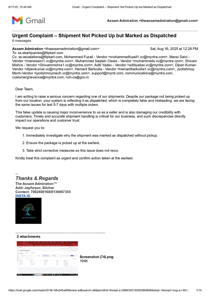 biprodeep_11's tweet image. @Flipkart @MyntraSupport How can shipments be marked as dispatched without even being picked up? 🚚❌ This is misleading &amp;amp; hurting sellers’ business. Please fix this urgently! 
Sellers deserve transparency, not fake updates #SellerSupport #LogisticsIssue