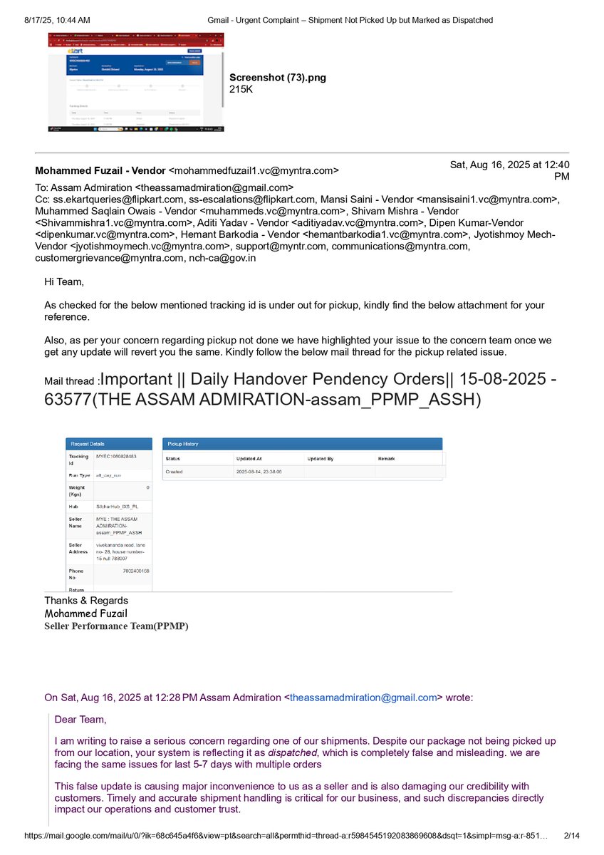 biprodeep_11's tweet image. @Flipkart @MyntraSupport How can shipments be marked as dispatched without even being picked up? 🚚❌ This is misleading &amp;amp; hurting sellers’ business. Please fix this urgently! 
Sellers deserve transparency, not fake updates #SellerSupport #LogisticsIssue