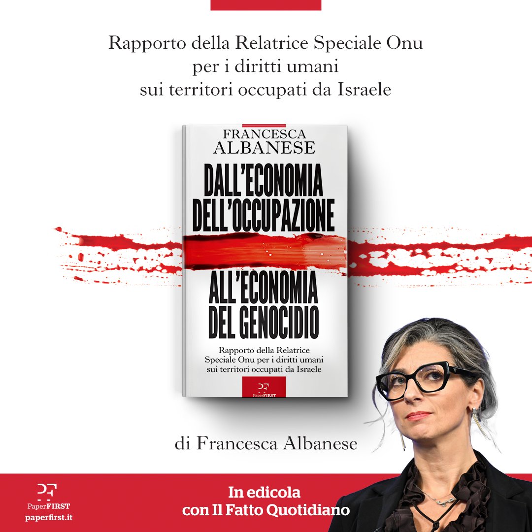 fattoquotidiano's tweet image. Francesca Albanese – Relatrice Speciale ONU – esamina il ruolo del settore privato nella perpetuazione dell’occupazione dei territori palestinesi.
Un lavoro necessario: il rapporto  è ora disponibile tradotto in italiano, in edicola con il Fatto Quotidiano.