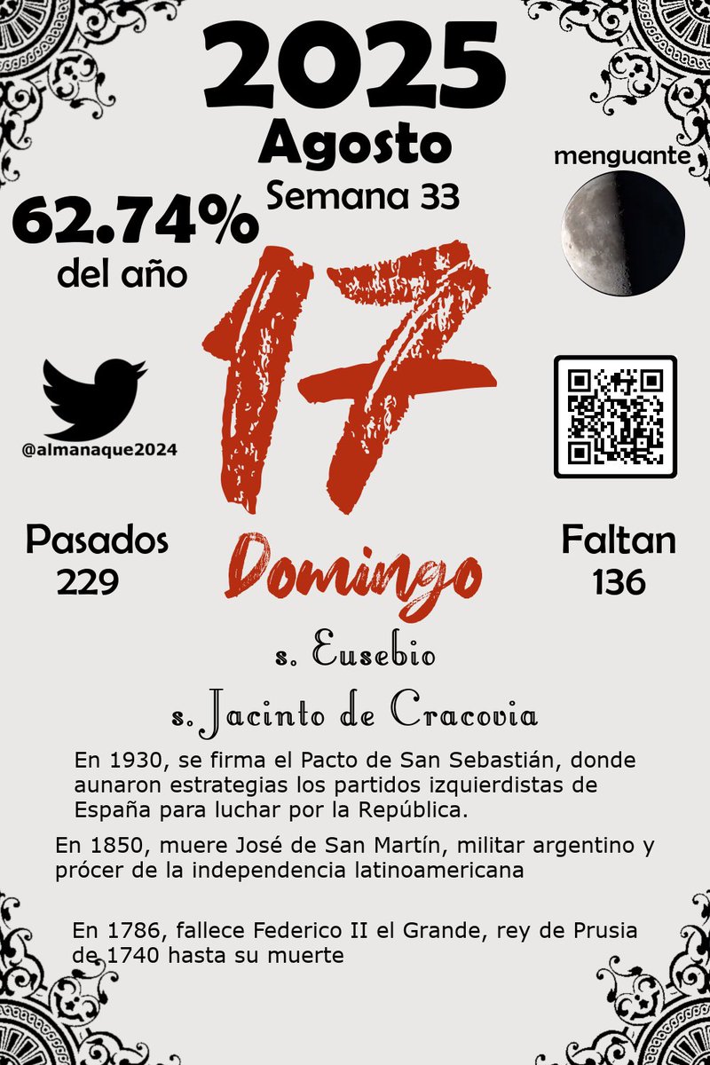 almanaque2024's tweet photo. #FelizDomingo #BuenosDias
Almanaque del Domingo 17 de Agosto, 2025
#Almanaque #Calendario #Diario #Agosto #17deAgosto #Domingo #Domingo17 https://t.co/Hm4w2tAGdp