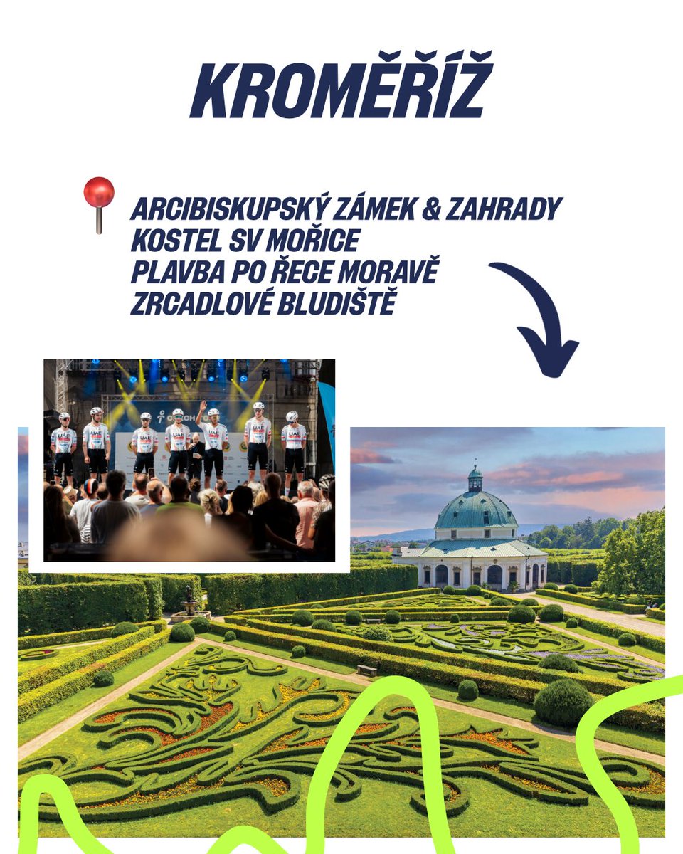 Czech_Tour's tweet photo. Poslední závodní den je tady... 🤩 A s ním i tipy, co vidět kromě závěrečné etapy. 🤭🗺️
Projdi si zámecké zahrady, než v Kroměříži odstartujeme poslední letošní etapu! 
Ale pak už honem na Pustevny, kde vyhlásíme celkového vítěze Czech Tour 2025. 🏆
 #CzechTour #visitczechia https://t.co/dUppLcVEWd