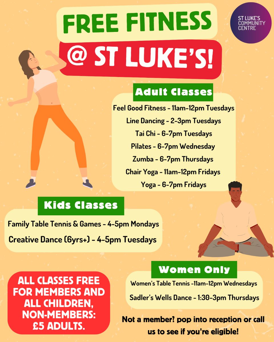StLukesTrust's tweet image. 🏃Get fit this summer at St Luke's!💪

If you are a member at St Luke's Community Centre, you get all these classes for FREE! Not a member? Check our website at slpt.org.uk or pop into reception!

 #FreeFitness #GetActive #SummerFitness #AdultClasses