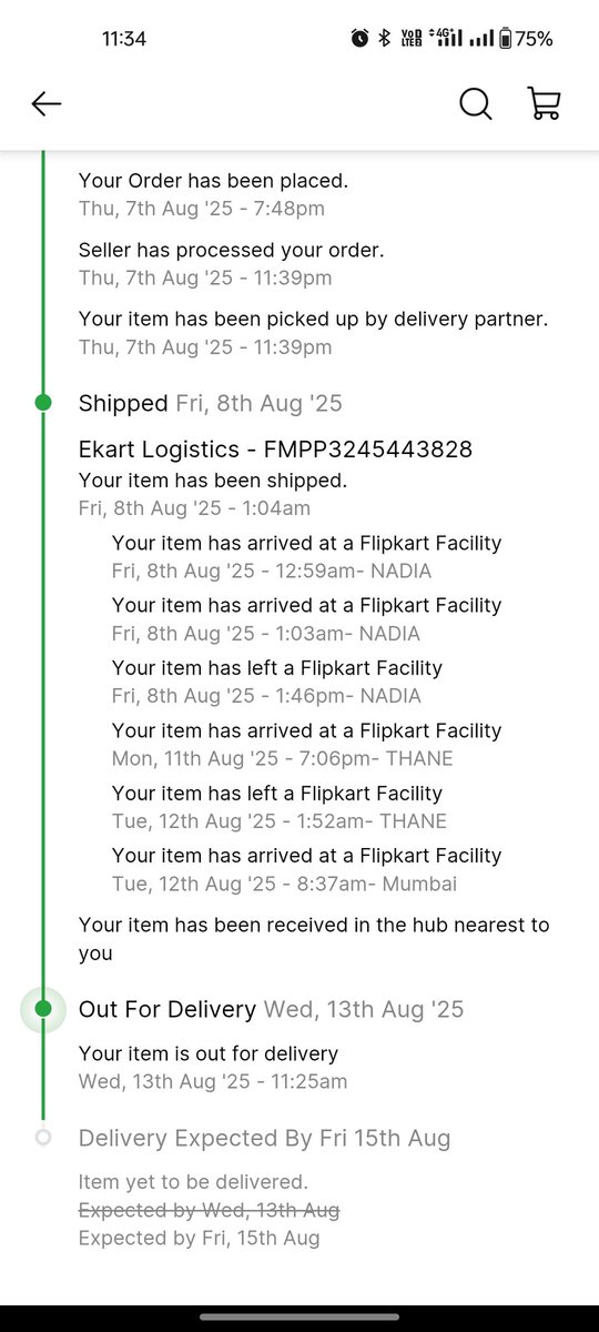 iamrohitjais's tweet photo. @flipkartsupport What a shame @Flipkart @flipkartsupport one item cancelled without any notification and one still says delivering on 15th Aug and we are on 17th now..such a shameful service this on consecutive orders https://t.co/0tVxaQ039C