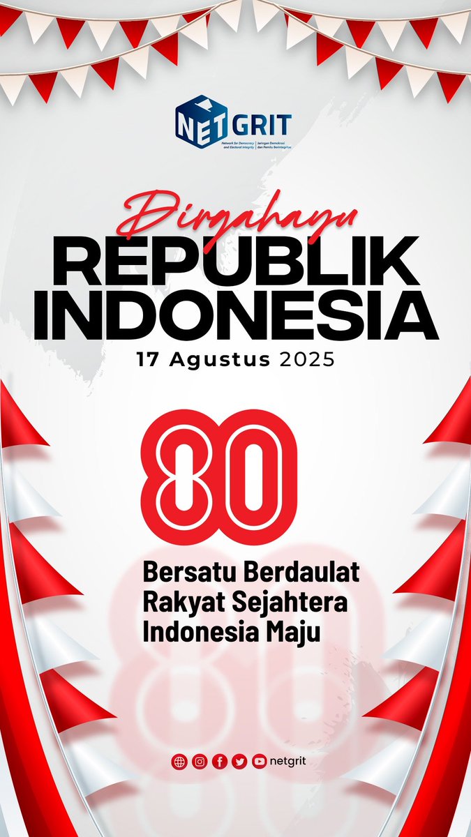 netgrit's tweet photo. Selamat Hari Kemerdekaan Republik Indonesia!
Ayo, mari kita contoh dan terapkan semangat serta kegigihan para pejuang kemerdekaan kita.
Lanjutkan perjuangan, agar kemerdekaan dan kesejahteraan sungguh dirasakan dan didapat oleh setiap warga Indonesia.
Merdeka!
#Netgrit
#HUTRI https://t.co/ooS1SAZpSX