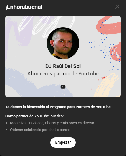 DjRaulDelSol's tweet photo. Getting #partner status on #YouTube through #music is tough, but we made it! Thanks so much to everyone who supported me.
Con lo difícil que es conseguir ser partner en @YouTube creando #música, ¡lo hemos logrado! Muchísimas gracias a todos los que me habéis apoyado. https://t.co/0ObzHBN8Yd