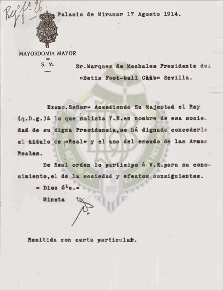 #TalDiaComoHoy de 1914, en el Palacio de Miramar de Donostia la <a href="/CasaReal/">Casa de S.M. el Rey</a> otorga al Betis FC el título de Real.
Cuatro meses después el título se extendió al Sevilla Balompié para q éste cambiase de nombre por el de Real Betis Balompié.
Toda la info aquí👇🏼
x.com/JAZancarron/st…