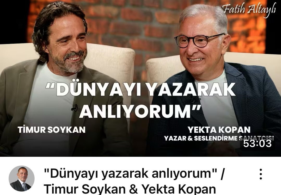 Fatih Altaylı’nın stüdyosunda Yekta Kopan ile çok keyifli bir Pazar Sohbeti oldu. Umarım siz de beğenirsiniz. "Dünyayı yazarak anlıyorum" / Timur Soykan &amp; Yekta Kopan youtu.be/taNB0yzdrsM?si… <a href="/YouTube/">YouTube</a> aracılığıyla