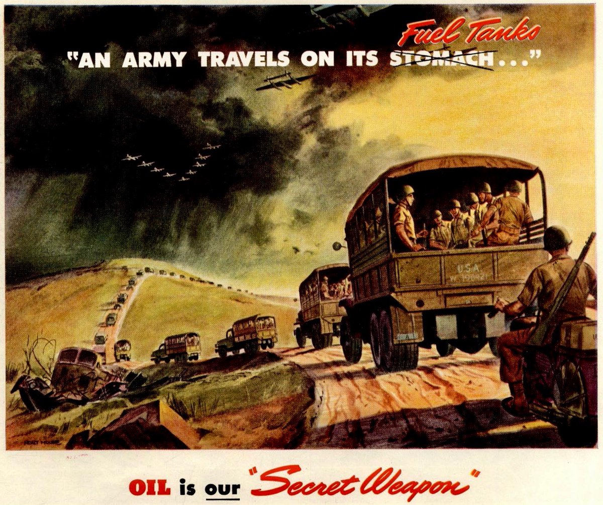 LRonLacy's tweet photo. In #AUGUST 1943
🧵👇
‘An Army Travels on Its [XStomachX] Fuel Tanks’
‘Oil is *our* “Secret Weapon”’
Illustration by ‘Robert Moore’(?)
#illustration #illustrationart #illustrationartists #WW2 #supplyline #fuel #logistics https://t.co/kLuoVjUQwY