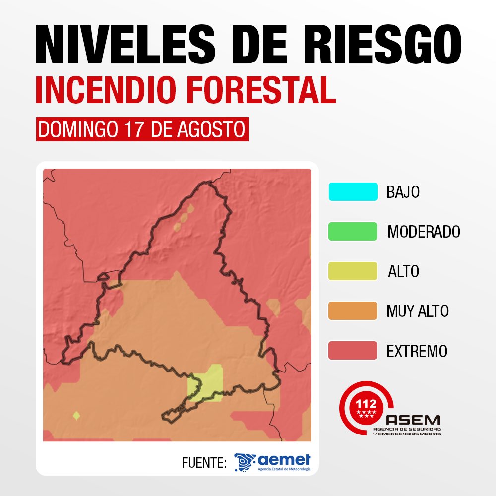 🗺️ Mapa de riesgo de incendios forestales.

🟠 🔴 Nivel: Muy Alto &lt;&gt; Extremo

🗓️ Domingo, 17 de agosto.

🚩 Mucha precaución.

Fuente: <a href="/AEMET_Madrid/">AEMET_Madrid</a>.

#INFOMA25
#STOPincendios
#IIFF
#ASEM112