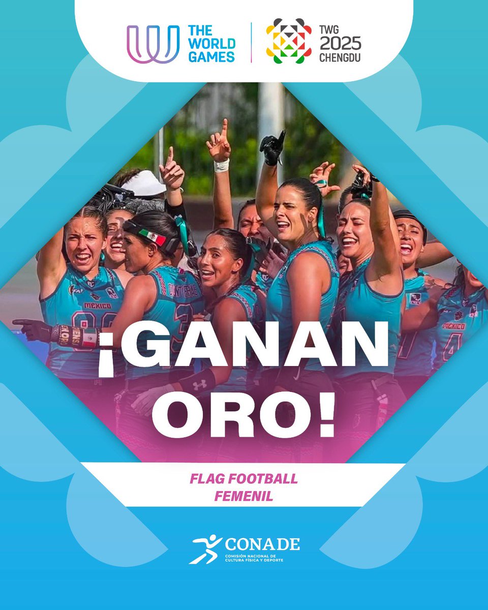 conadeoficial's tweet photo. ¡BICAMPEONAS! 🥇🇲🇽🏈 El conjunto femenil de #FlagFootball se lleva el oro en @theworldgames al derrotar a Estados Unidos. 

¡Felicidades! 👏🏻 https://t.co/nMb0hjpLO1