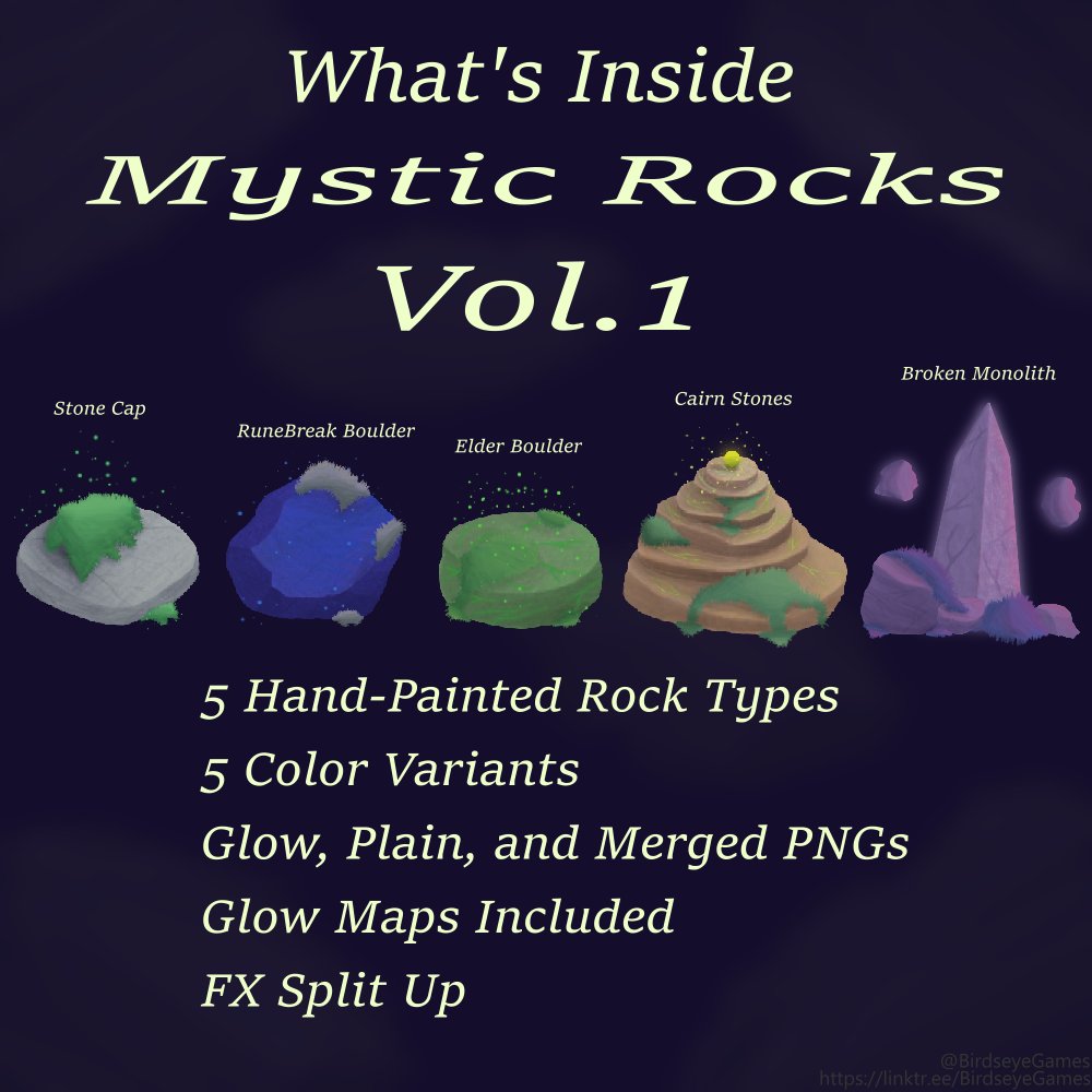BirdseyeGames's tweet photo. ✨ New asset pack!
 Enchanted Rocks Vol. 1
5 rock types • 5 color variants
Base, Glow, Merged layers included🔗
[https://t.co/i875EdxKiS]
[https://t.co/4DFLUd8z38]
 #gamedev #indiedev #assetpack #2dart #assets #sprites #2d #art #nature #rocks https://t.co/804mxDfrQP