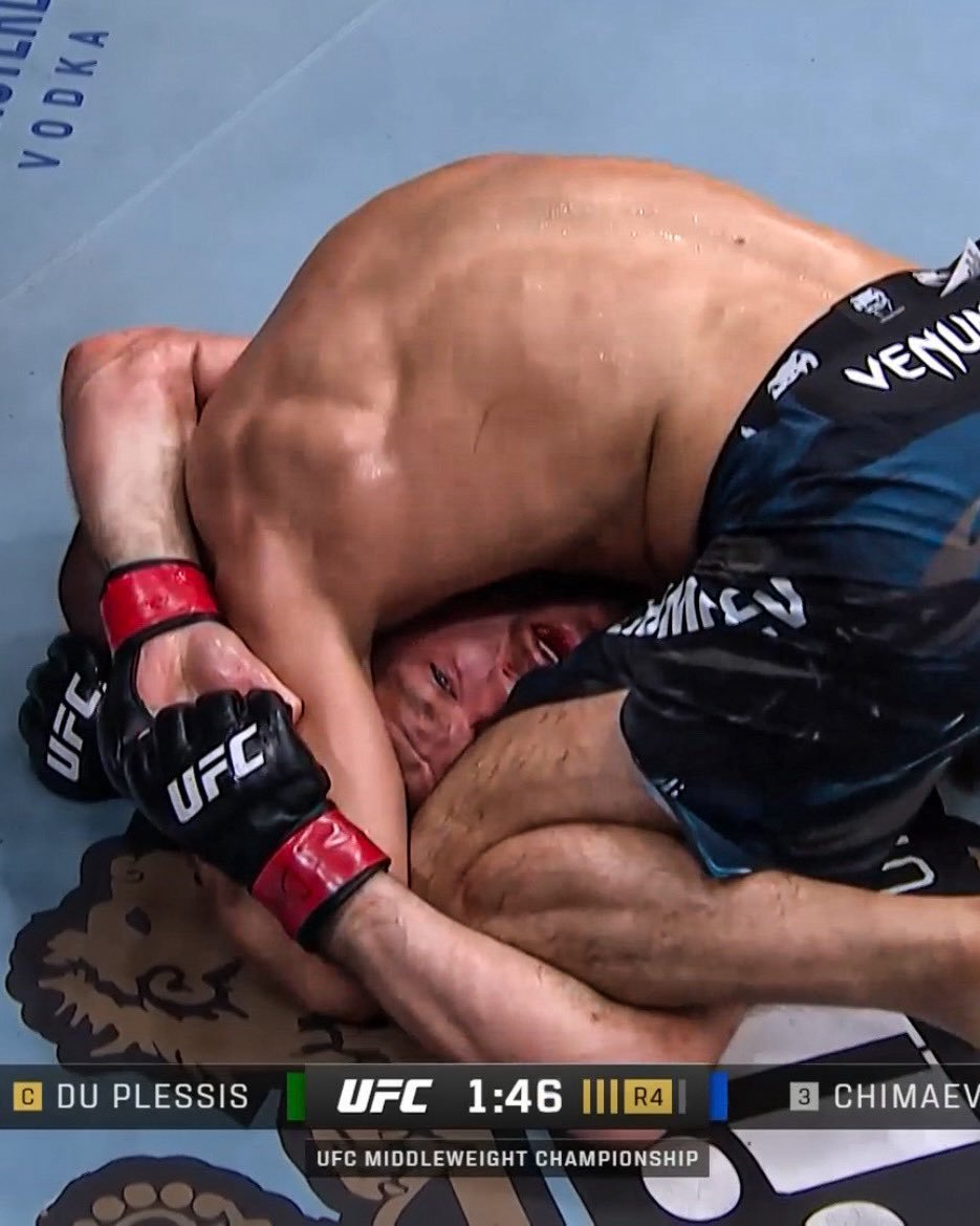 A photo of racist <a href="/dricusduplessis/">Dricus Du Plessis</a> folded like a pretzel and having the racism being beat out of him. I love your work <a href="/KChimaev/">Khamzat Chimaev</a> 🇷🇺