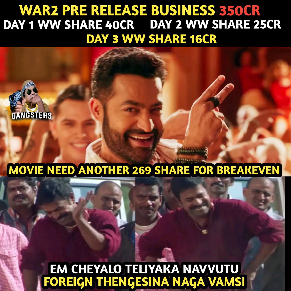 GANGSTERS_1's tweet photo. Heading Towards 250Cr Disaster..
HD leak Avvakunda undi Unte Konchem Loss Cover Ayyedhi.. #war2 #WAR2DisasterBookings #war2collection #SaveWar2Distributors #BlockbusterWar2 #Coolie #CoolieBlockbuster https://t.co/Wee8nwZabd