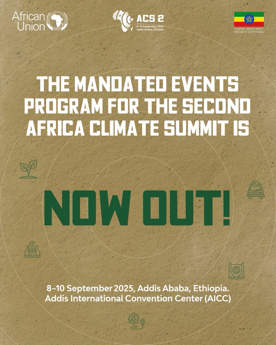 Africa Climate Summit 2 (@acs2et) on Twitter photo ๐ง๐ต๐ฒ ๐๐๐ฒ๐ป๐๐ ๐ผ๐ณ ๐๐ต๐ฒ ๐ฆ๐ฒ๐ฐ๐ผ๐ป๐ฑ ๐๐ณ๐ฟ๐ถ๐ฐ๐ฎ๐ป ๐๐น๐ถ๐บ๐ฎ๐๐ฒ ๐ฆ๐๐บ๐บ๐ถ๐ (๐๐๐ฆ๐ฎ) ๐๐
๐ฝ๐น๐ฎ๐ถ๐ป๐ฒ๐ฑ.
๐ ๐ฎ๐ป๐ฑ๐ฎ๐๐ฒ๐ฑ ๐๐๐ฒ๐ป๐๐ (including High level, ministerial and technical discussions) are organized under the leadership of the Government of Ethiopia and ๐ง๐ต๐ฒ ๐๐๐ฒ๐ป๐๐ ๐ผ๐ณ ๐๐ต๐ฒ ๐ฆ๐ฒ๐ฐ๐ผ๐ป๐ฑ ๐๐ณ๐ฟ๐ถ๐ฐ๐ฎ๐ป ๐๐น๐ถ๐บ๐ฎ๐๐ฒ ๐ฆ๐๐บ๐บ๐ถ๐ (๐๐๐ฆ๐ฎ) ๐๐
๐ฝ๐น๐ฎ๐ถ๐ป๐ฒ๐ฑ.
๐ ๐ฎ๐ป๐ฑ๐ฎ๐๐ฒ๐ฑ ๐๐๐ฒ๐ป๐๐ (including High level, ministerial and technical discussions) are organized under the leadership of the Government of Ethiopia and