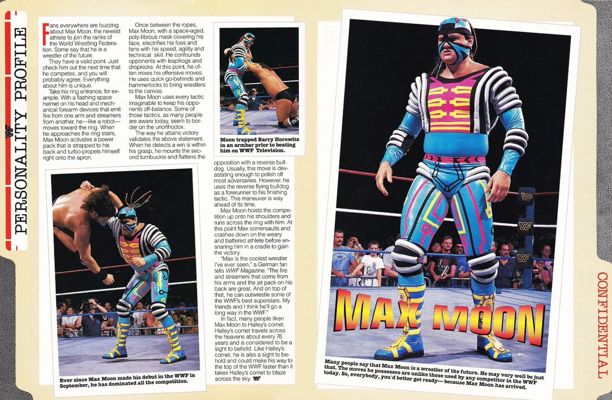 WWFWrestling1's tweet photo. WWF Magazine Personality Profile of Max Moon from December, 1992. 🚀🌕 #WWF #WWE #PaulDiamond #MaxMoon https://t.co/aO6FcPoO9p