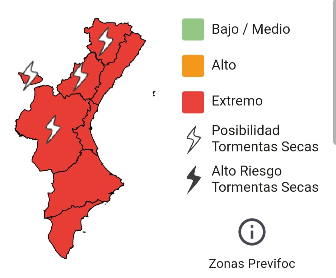 🔥El nivell de preemergència per risc d'incendi forestal per a hui  17/08 és:  

🔴EXTREM  a tota la Comunitat Valenciana.  

📲Si veus fum o foc, telefona a l'112.