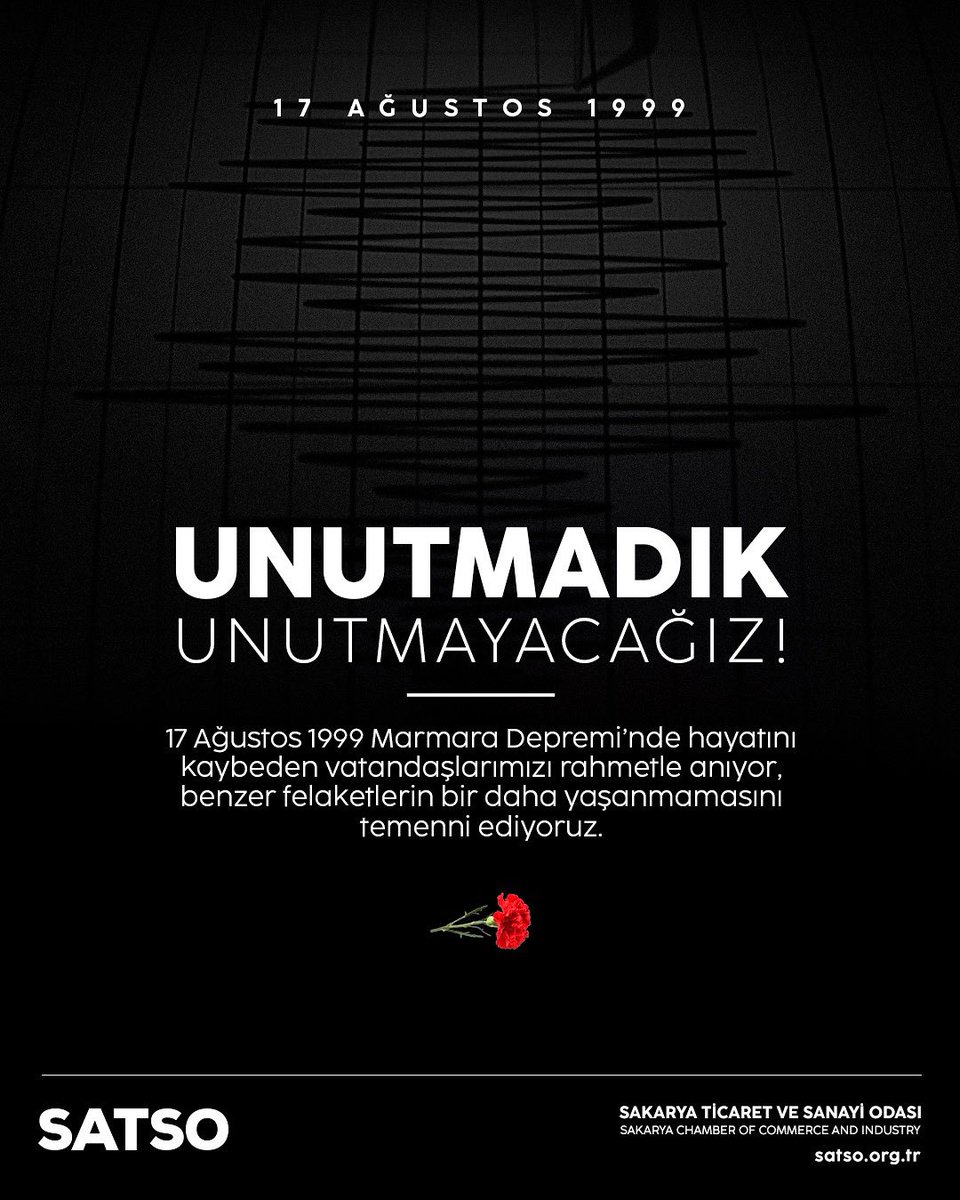 17 Ağustos 1999 Unutmadık. 

Şehrimizi ve milletimizi acılara boğan Marmara Depremi’nde hayatını kaybeden vatandaşlarımızı rahmetle anıyoruz.

#17Ağustos #Unutmadik