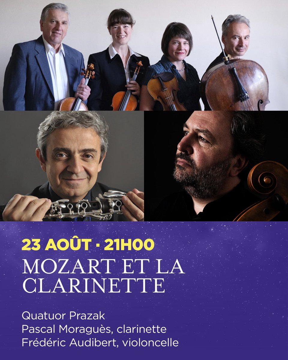 Le 23 août 2025. Centre culturel. Festival Classic’A Saint Raphaël. Avec le quatuor Prazak, Pascal Moraguès, clarinette et Frédéric Audibert, violoncelle. Au programme : Mozart, Shulhoff, Glazounov, Weber. Réservations : 04 98 11 89 00