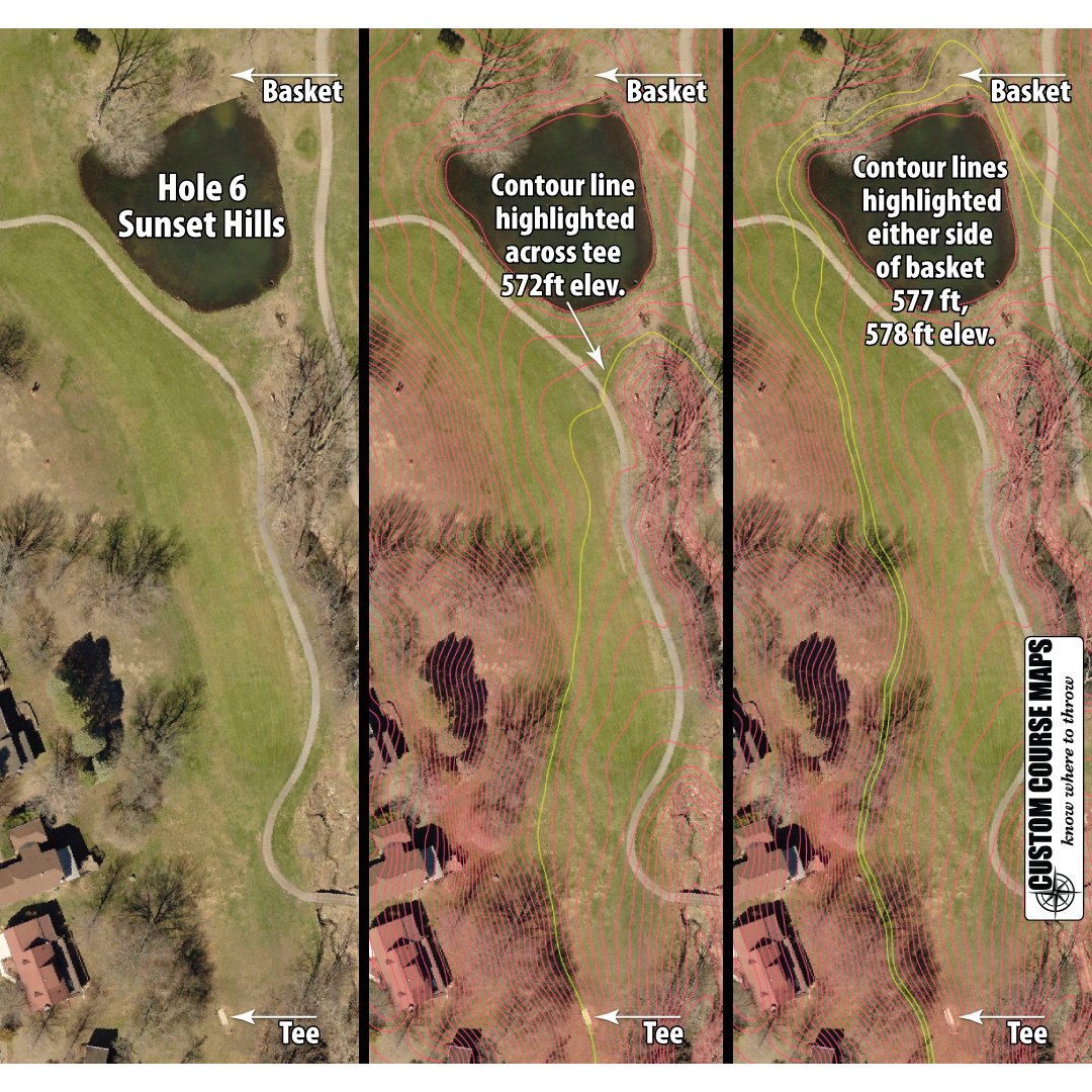 CourseMaps's tweet image. Hole 6, Sunset Hills rises 6 ft from tee to basket. I was told that can't be true by someone on the course. When looking back from the basket the lower terrain rising to the tee makes it appear higher but the gradual (and greater) rise to the basket is difficult to perceive.