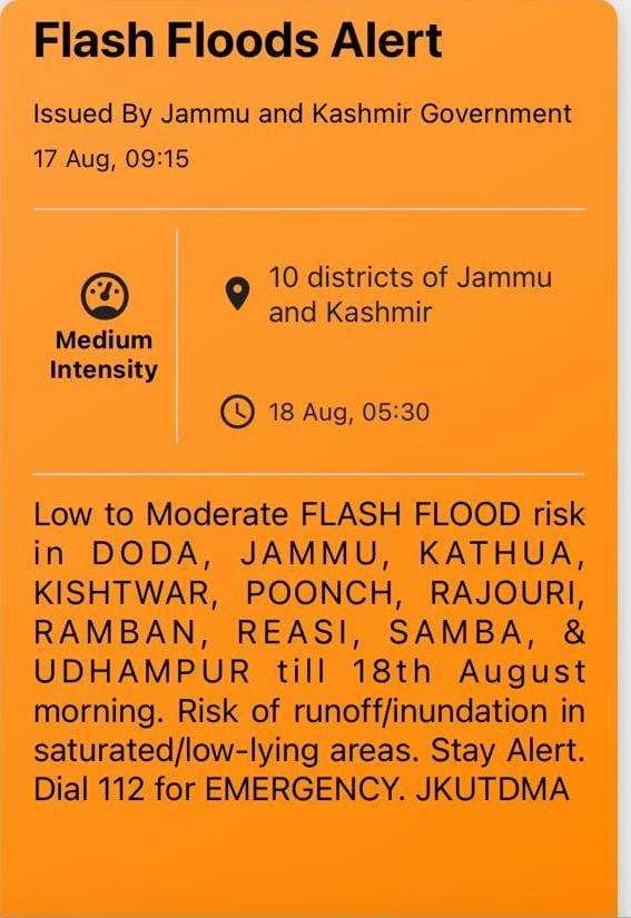 dcramban's tweet photo. Weather Alert – Ramban District

Heavy rain with chances of cloudburst, flash floods, landslides, mudslides & shooting stones in some parts of district Ramban.
👉 People are advised to:
✅ Avoid travel in landslide-prone/hilly areas
✅ Stay away from rivers, nallas & streams
✅ Keep distance from damaged structures, electric poles/cables & old trees
✅ Dial 112 in case of emergency

📞 District Control Room Ramban Numbers:
Landline: 01998-295500, 01998-266790
Mobile: 9484219217

Stay Safe, Stay Alert!
— District Administration Ramban

@diprjk @Divcomjammu @RambanPolice