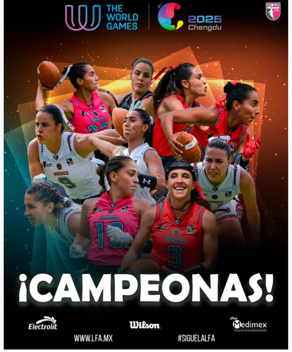 Mexicanas ejemplares en el deporte!! Bicampeonas del mundo en #FootballFlag Selección Mexicana vence a USA, por segunda ocasión, en los World Games 2025.
Un gran Equipo!!