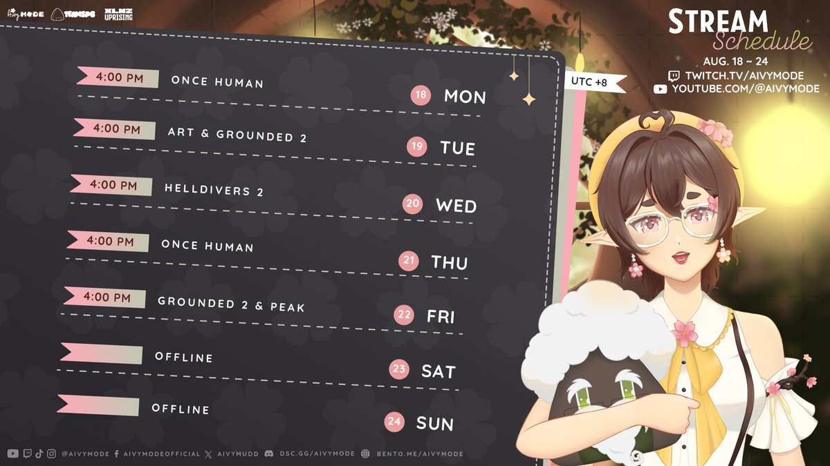 Aivymudd's tweet photo. 【weekly schedule】(❀❛ ֊ ❛„)♡
going back to survival games~ well...not that we strayed far from it XD expect some cozy streams again!🌸🍀
✦ live: #AivyMuddLIVE
✦ art: #aivycreating #neverstopthepractice
✦ fanart: #aimuart
✦ clips: #AivyMuddclips
✦ community: #aivymode https://t.co/jb0UyPVMjc