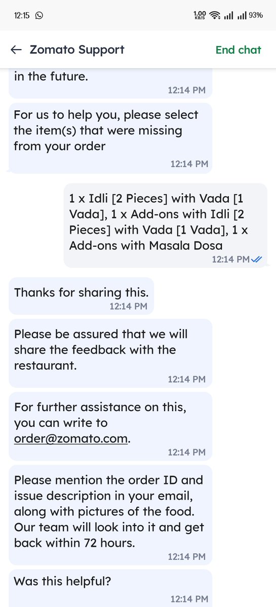 KunTweets's tweet photo. @zomato Hello @zomatocare. When Main items are MISSING from my order, what sort of ridiculous resolution is 'email us &amp; well revert after 72 hours'. 
Second time this is happening.
What sort of Quality controls do you have?
Why is there no real person and just an AI bot as CC? https://t.co/puDcD4BoTj