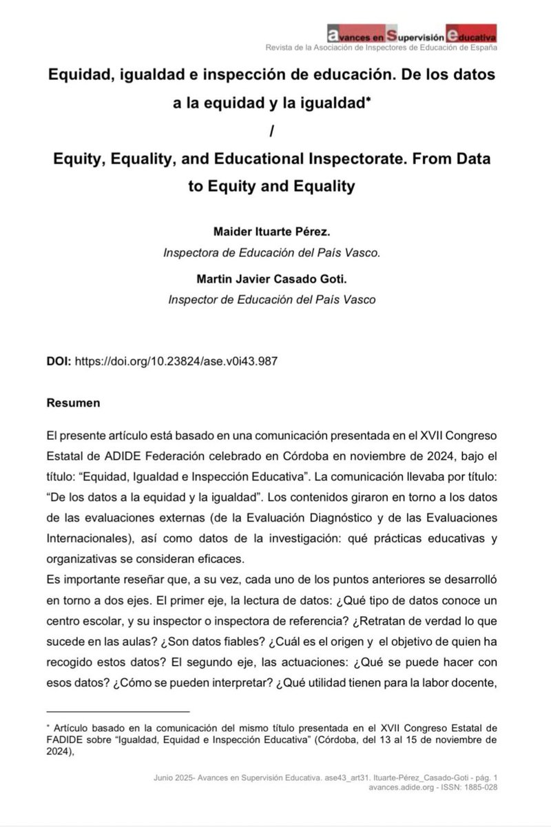 Equidad,igualdad e inspección de educación. De los datos a la equidad y la igualdad

Por Maider Ituarte Pérez y Martín Casado Goti.

Lectura de datos y actuaciones por parte de la inspección de educación.

avances.adide.org/index.php/ase/…