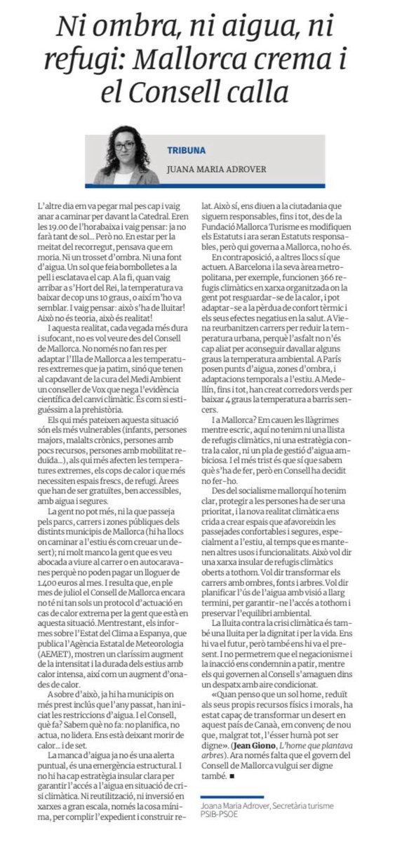PSIB-PSOE Mallorca (@socialistesdmca) on Twitter photo ‘Ni ombra, ni aigua, ni refugi: Mallorca crema i el Consell calla’
Lectura obligada de diumenge, l’article de <a href="/jmadrover/">Juana Maria Adrover</a> avui a <a href="/diariomallorca/">Diario de Mallorca</a> sobre la manca de respostes de PPVox davant la crisi climàtica que afecta la vida de les persones.
diariodemallorca.es/opinion/2025/0… ‘Ni ombra, ni aigua, ni refugi: Mallorca crema i el Consell calla’
Lectura obligada de diumenge, l’article de <a href="/jmadrover/">Juana Maria Adrover</a> avui a <a href="/diariomallorca/">Diario de Mallorca</a> sobre la manca de respostes de PPVox davant la crisi climàtica que afecta la vida de les persones.
diariodemallorca.es/opinion/2025/0…