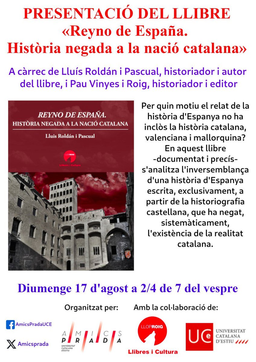 Avui a 2/4 de 7, en Lluís Roldán ens presentarà el seu llibre «Reyno de España. Història negada a la nació catalana» editat pel nostre
 amic <a href="/pauvinyes/">Pau Vinyes i Roig</a> que també participarà en la presentació.