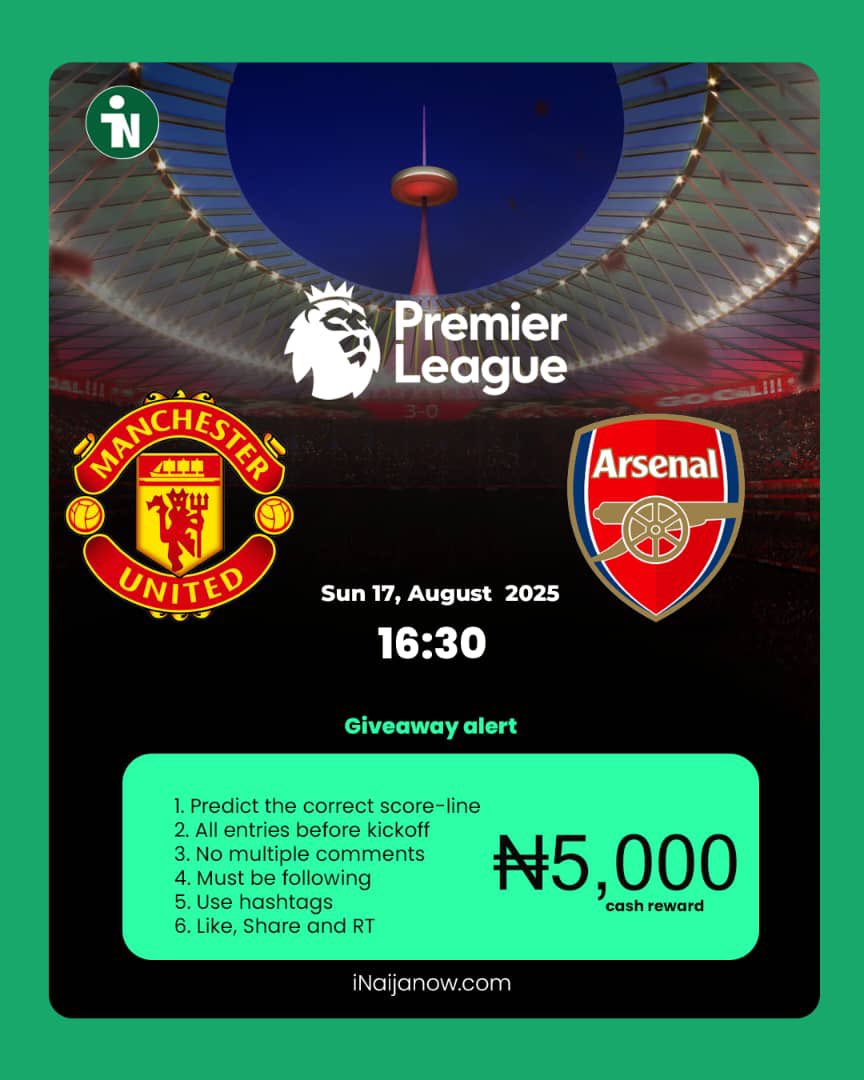 Giveaway alert 🚨 

N5,000 cash reward. 

1. Predict the correct score-line 
2. ⁠All entries before kickoff 
3. ⁠No multiple comments 
4. ⁠Must be following 
5. ⁠Use hashtags
6. RTs &amp; Like

Winners will be selected randomly. #MUNARS #PremierLeague #iNaijanow #MUFC #AFC
