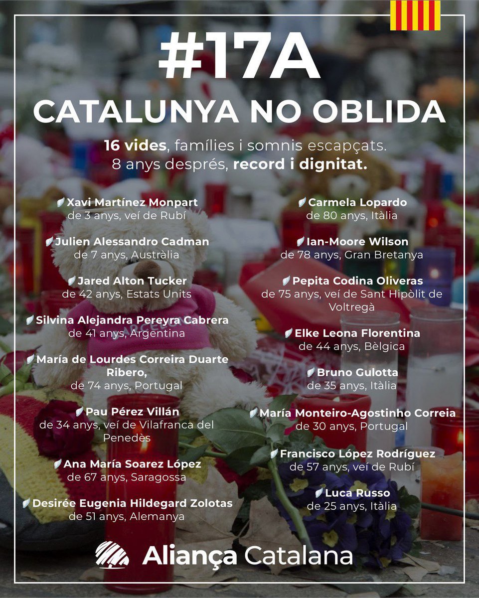 Recordem els atemptats del #17A. El dolor d’aquell dia és el nostre compromís: una Catalunya lliure de fanatisme i terror. Honor a les víctimes i a les seves famílies.

💙 #SalvemCatalunya