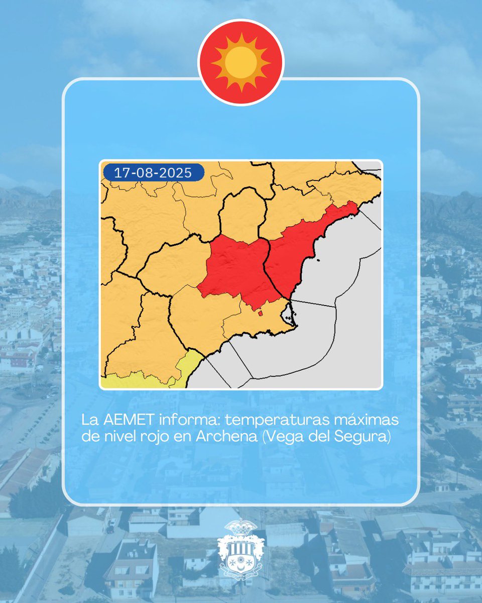 📢 La AEMET informa de FMA por temperaturas máximas de nivel rojo y naranja:

📆 Domingo, 17 de agosto

ROJO 🔴

🌡️ Temperatura máxima 44º C. 📍 Vega del Segura.

 NARANJA 🟠

🌡️ Temperatura máxima 39º C. 📍
Campo de Cartagena y Mazarrón.
🌡️ Temperatura máxima 40º C. 📍Noroeste.