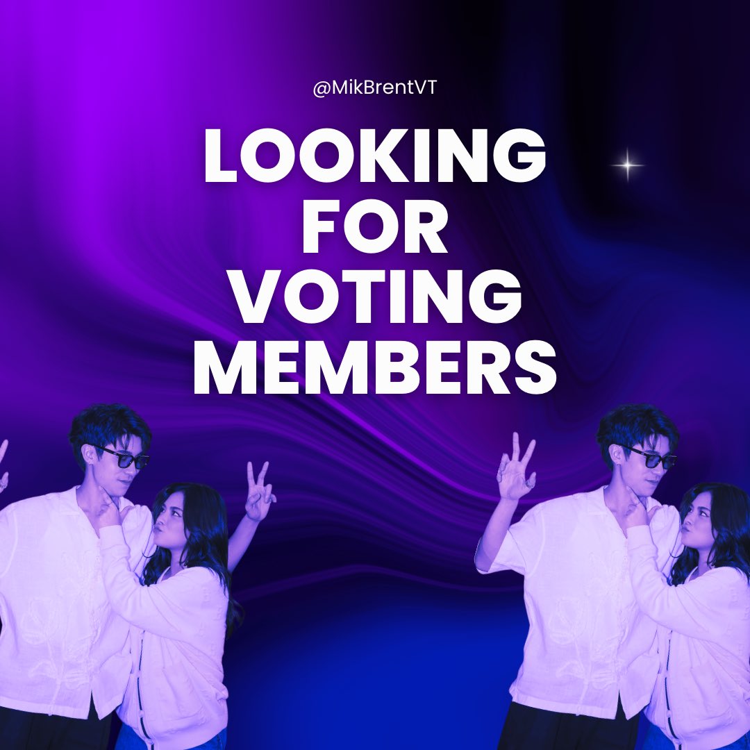 Calling all MENTies! 💜

We’re opening our doors for new members of the MikBrent Voting Team! 

If you’re active, cooperative, and respectful, we’d love to have you on board. Together, let’s make every vote count and bring Mika &amp; Brent closer to victory! 

If you wish to join,