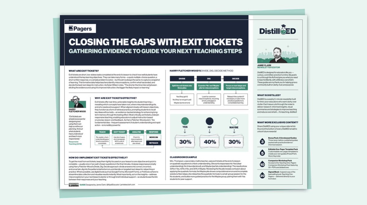 🚪🎟️ EXIT TICKETS! In this week’s edition of ⚗️DistillED, I share this FREE one-page guide on using exit tickets to check for understanding, address misconceptions, and adapt your teaching. Read and subscribe to the 5-minute email here: 

👉 newsletter.jamieleeclark.com/p/exit-tickets