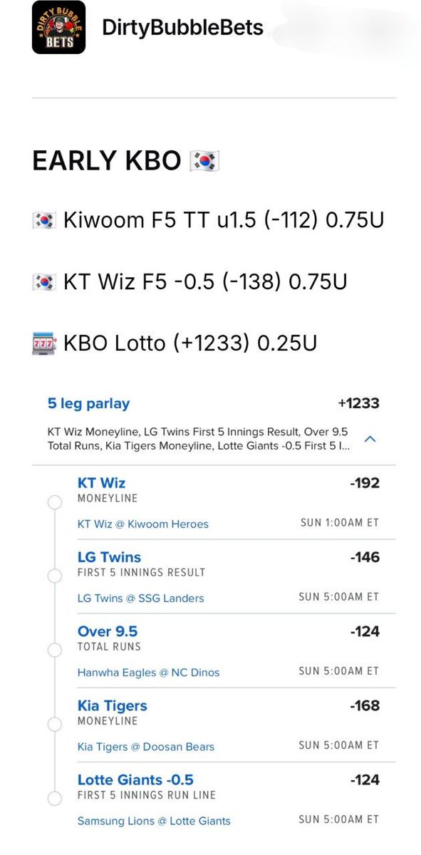 allcappersfreee's tweet image. Sorry for getting them a little late today.

Overnight kbo plays‼️⚾️🔥

#Kimspicks
#Dirtybubblebets 
#Bankrollbill