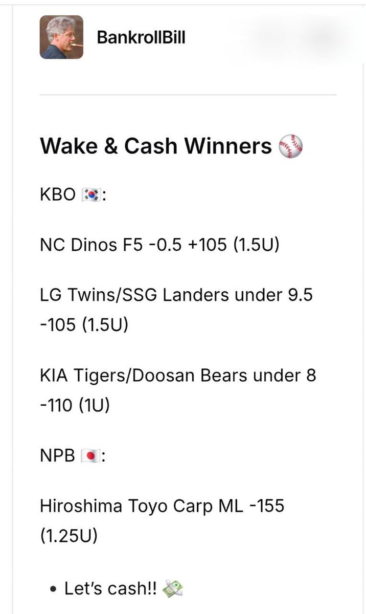 allcappersfreee's tweet image. Sorry for getting them a little late today.

Overnight kbo plays‼️⚾️🔥

#Kimspicks
#Dirtybubblebets 
#Bankrollbill