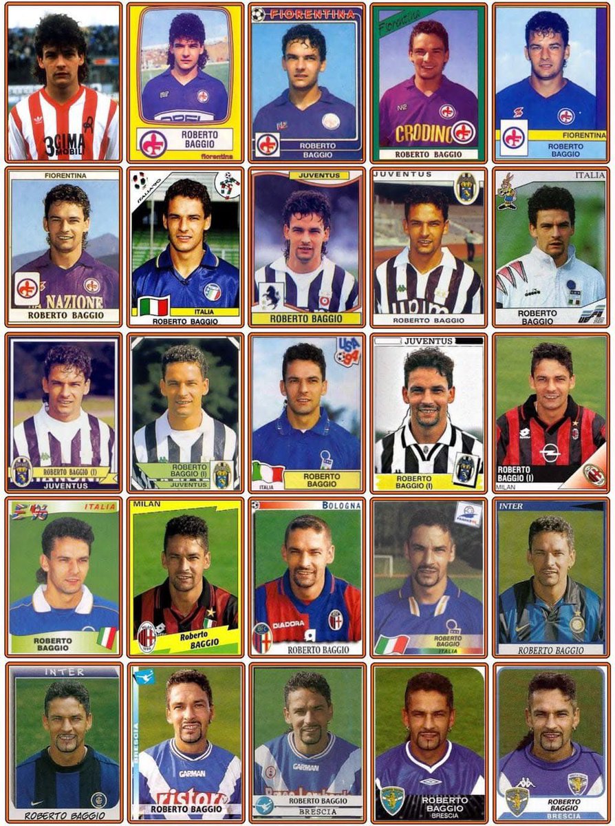 Roberto Baggio's career in (mostly) Panini stickers It's incredible to  think of the injuries he overcame to continue playing into his late 30s.  Lesser men would have been finished years before, image size:894x1200