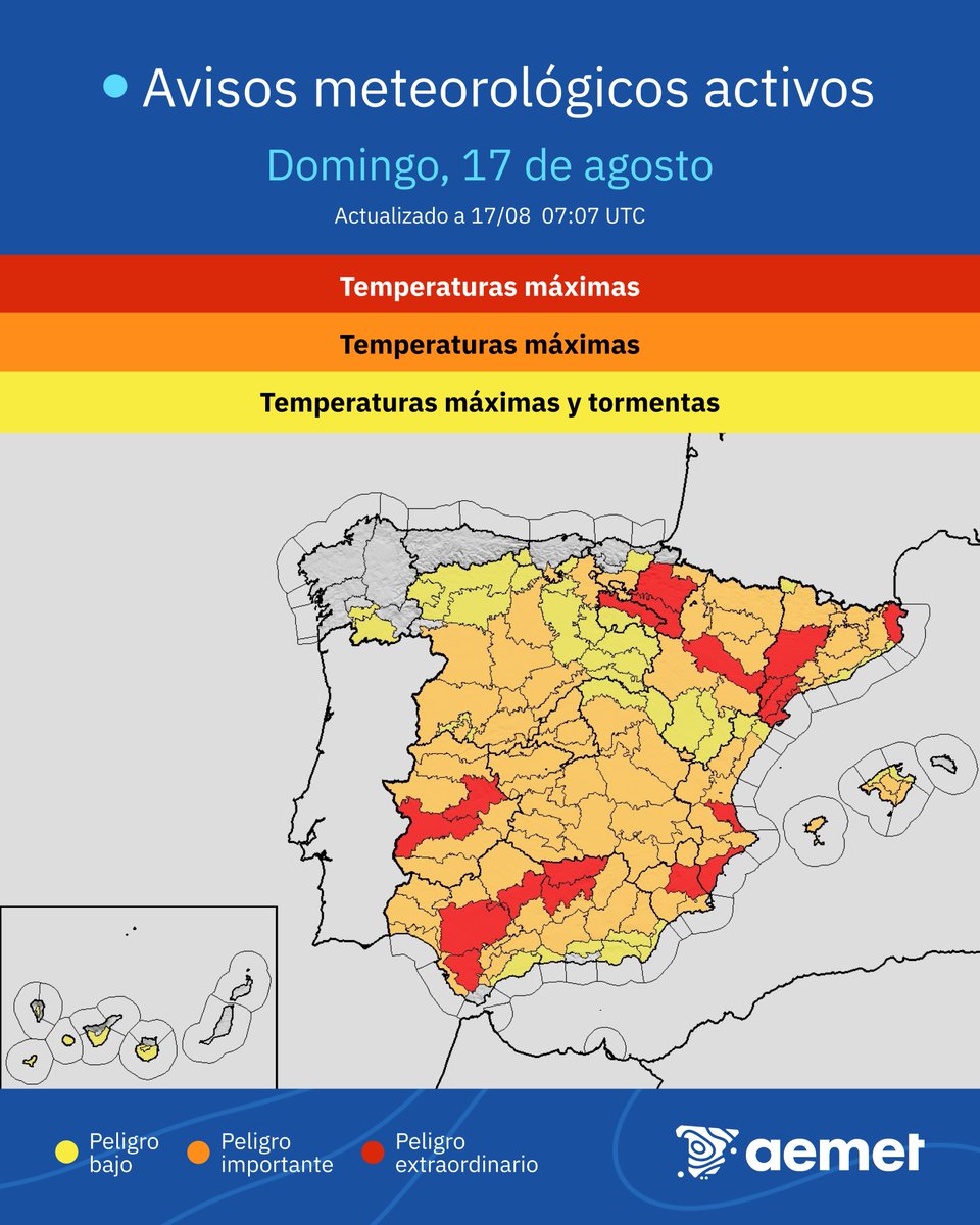 ⚠️🔴 AVISOS ROJOS | Temperaturas máximas muy altas.

→ La ola de calor deja numerosos avisos de nivel rojo en zonas de Navarra, La Rioja, Aragón, Cataluña, Comunitat Valenciana, Andalucía y Extremadura. 

→ Podrán superarse 42 a 44 °C, según la zona. ¡Precaución!