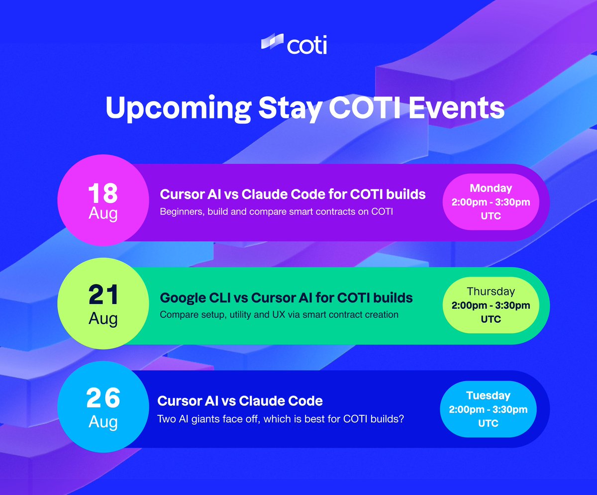TOMORROW: Top AI power tools are put to the test in the latest Stay COTI livestream. Join hosts <a href="/upendra_veer/">Upendra</a>, <a href="/davibauer/">Davi Bauer</a>, and Rafa Fuentes as they create smart contracts on COTI with <a href="/cursor_ai/">Cursor</a> and <a href="/claudeai/">Claude</a>. Which tool will perform the best? 
🗓️ Monday 18th Aug @ 2:00pm UTC
🔗